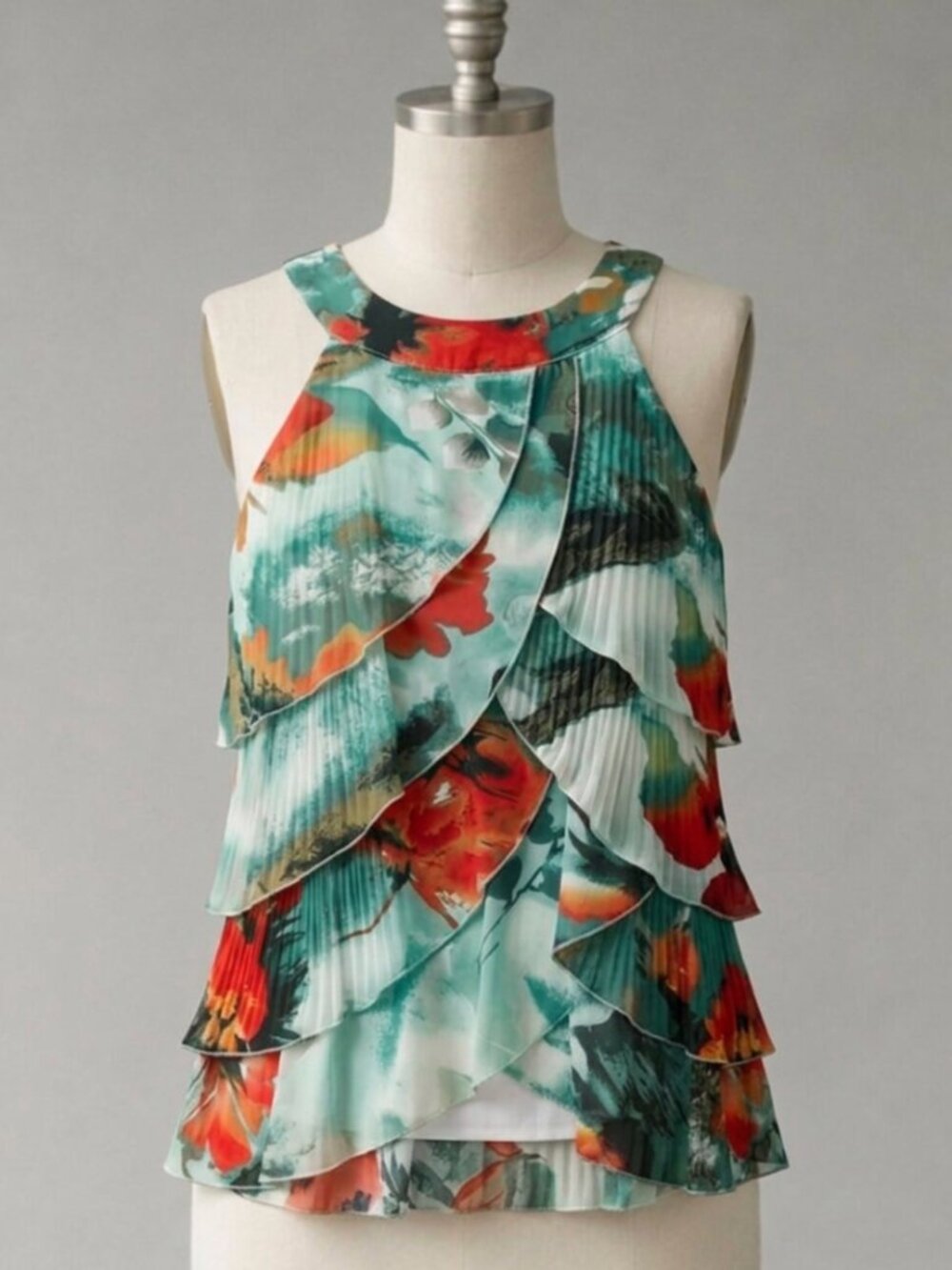 CHENAULT | Green & Burnt Orange Floral Ruffled Dressy Sleeveless Tank Top | Sz S